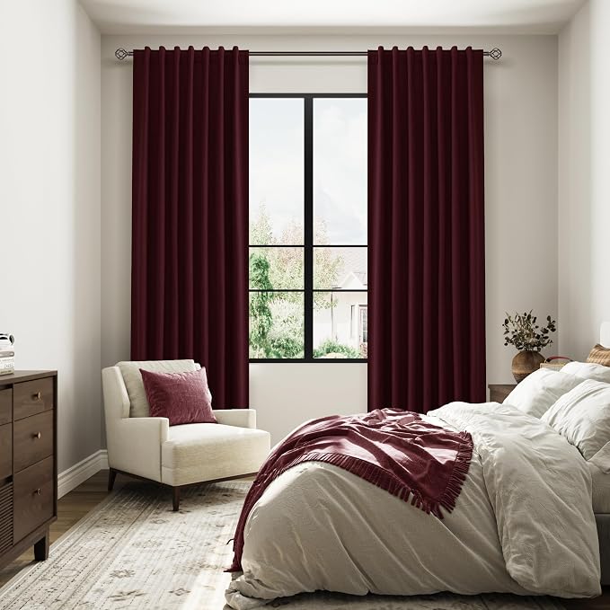 Burgundy 100% Blackout Linen Curtains 102 Inch Length 2 Panels Set - Image 8
