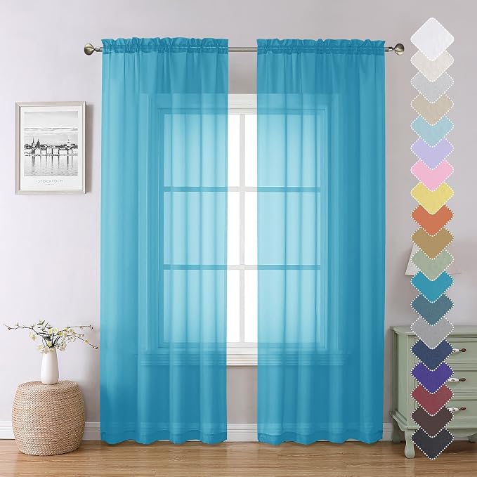 Turquoise Sheer Curtains 84 Inches Long 2 Panels, Light Filtering Voile Curtain by Lecloud