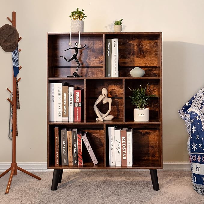 LEYAOYAO Cube Bookshelf 3 Tier Mid-Century Rustic Brown Modern Bookcase - Image 3