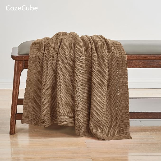 CozeCube Caramel Brown Seed Stitch Throw Blanket 50"x60", Farmhouse Decor | - Image 4