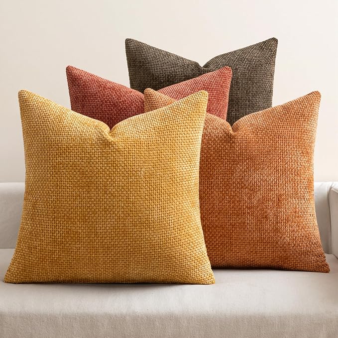 MIULEE Decorative Chenille Fall Pillow Covers Orange Brown 18x18 Pack of 4 | by MIULEE
