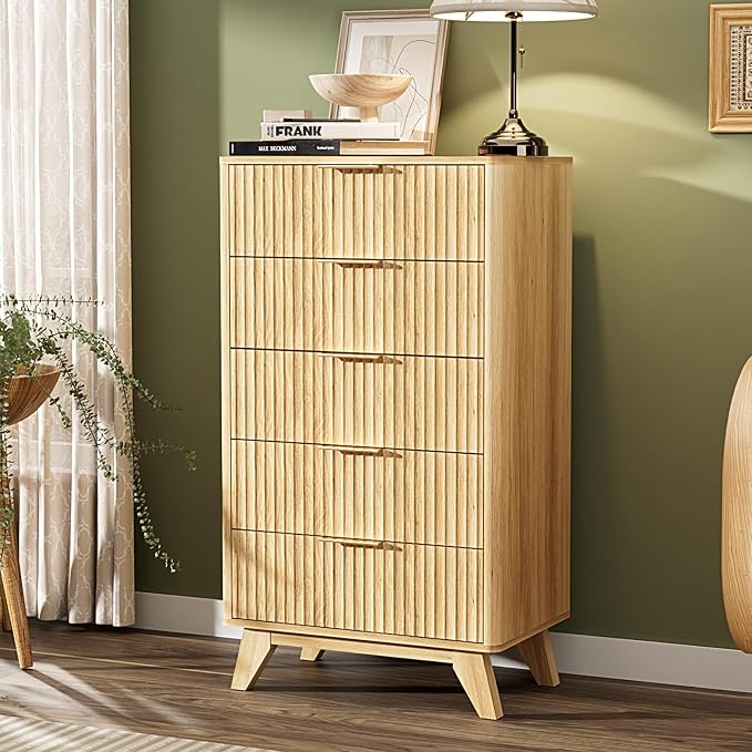 VINGLI Fluted Tall Dresser 5 Drawer, 23.66" W Chest of Drawers, Oak Wood Dresser by VINGLI