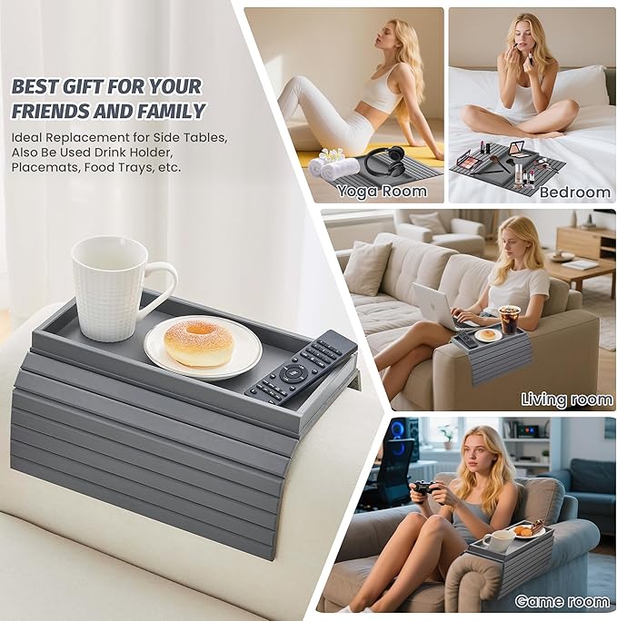 GEHE Bamboo Sofa Arm Tray, Foldable Couch Arm Tray Side Table, Anti-Falling - Image 2