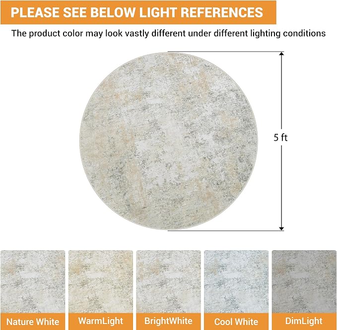 Aelenmu Round Rug 5ft Washable Rug - Image 2