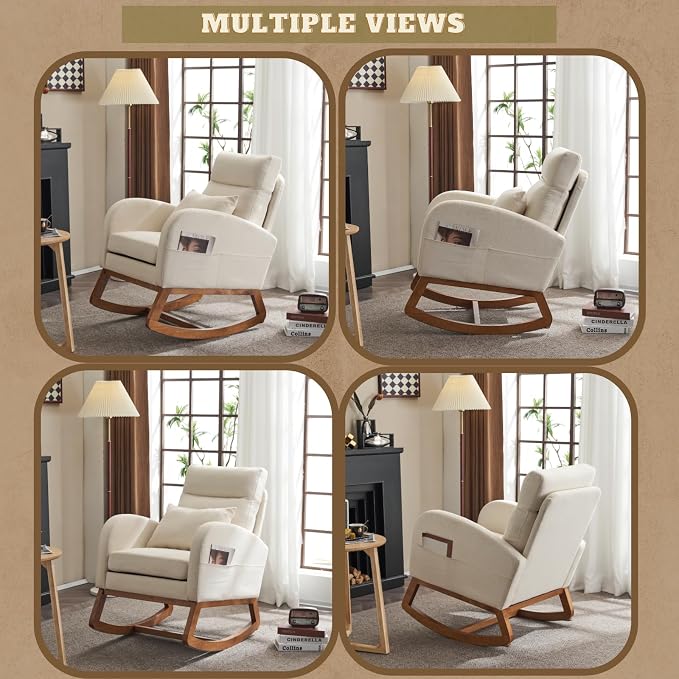 VINGLI Beige Linen Nursery Rocking Chair - Image 6