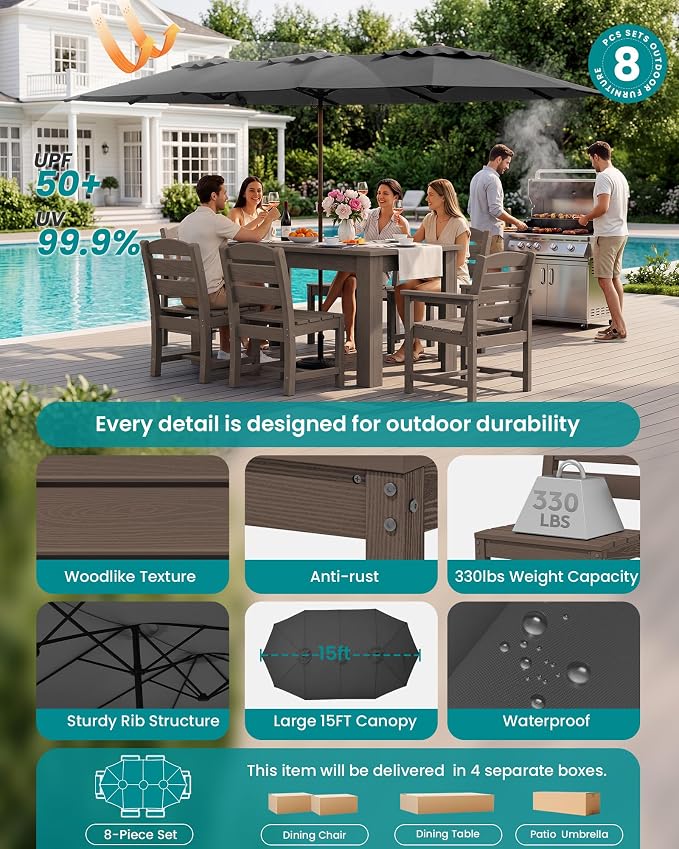 SERWALL Patio Dining Set with 15FT Double Side Umbrella, Outdoor Dining Sets - Image 2