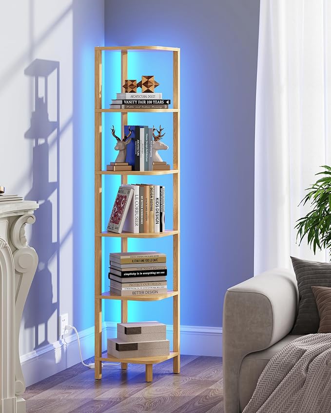 TUTOTAK Corner Shelf with LED Light, 6-Tier Corner Bookshelf - Image 7