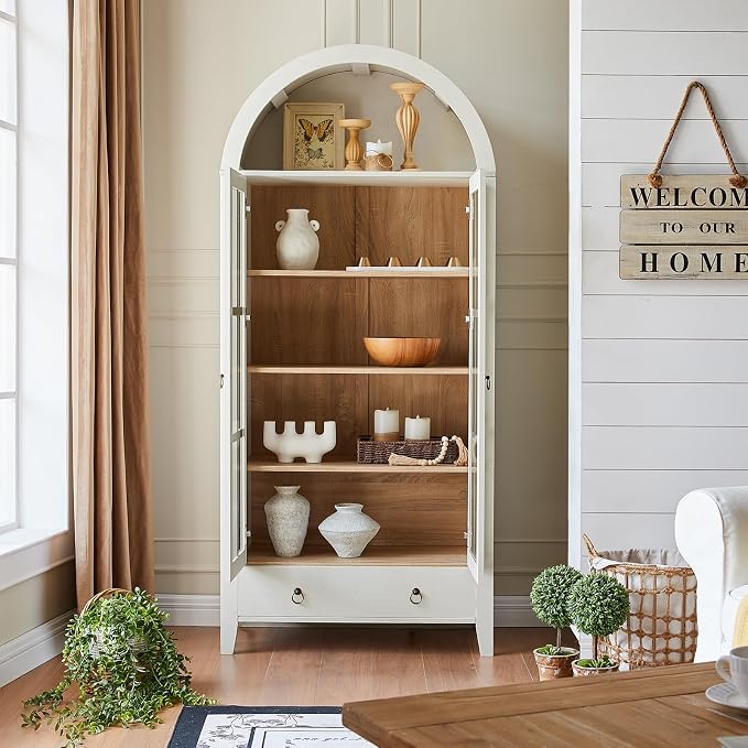 Farmhouse Arched Cabinet with Glass Doors, Wood Display Cabinet with Drawer and - Image 3