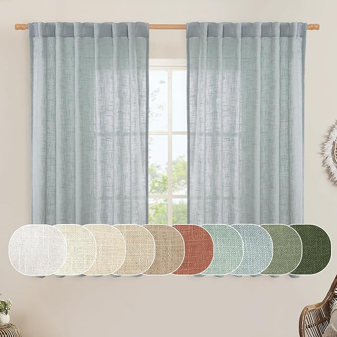 Semi Sheer Linen Curtains 54 Inch Length 2 Panels, 52 x 54 Inch | Greyish Blue by LAMIT