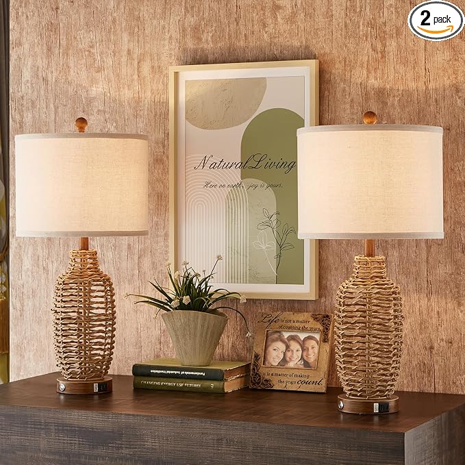 Rattan Table Lamps Set of 2 Wicker Lamps 3 Way Dimmable Touch Control Farmhouse by Unknown