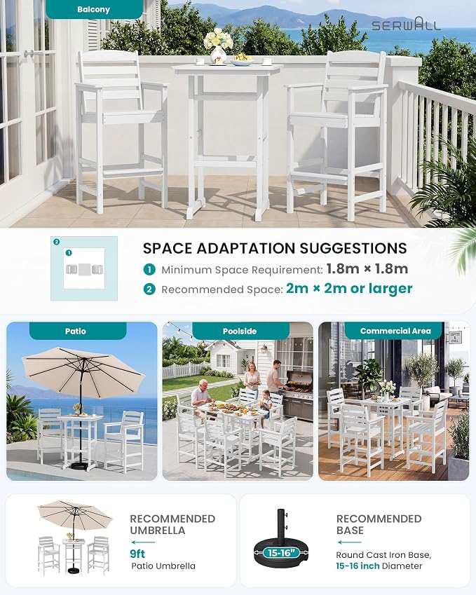 SERWALL 5 Pieces Adirondack Bar Chairs Set, HDPE Adirondack Barstools Chairs - Image 8