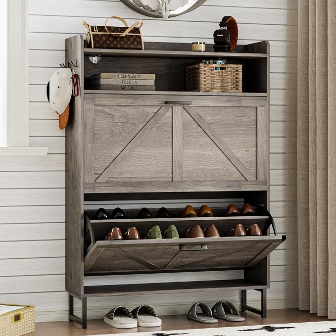 BORNOON Shoe Cabinet with 2 Flip Drawers Narrow Shoe Storage Organizer Wooden by BORNOON