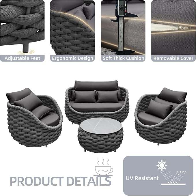 TWT 5 Pieces Patio Furniture Set, Outdoor Rope Conversation Sectional Patio Sofa - Image 4