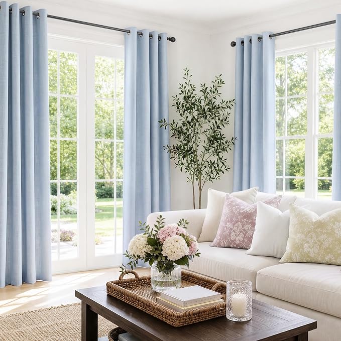 100% Blackout Linen Textured Curtains 84 Inch Long, Chambray Blue | 100% - Image 2