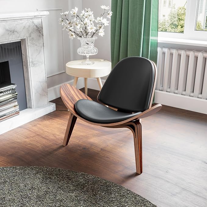 Modern Shell Lounge Accent Chairs, Faux Genuine Leather Mid Century Armless - Image 6
