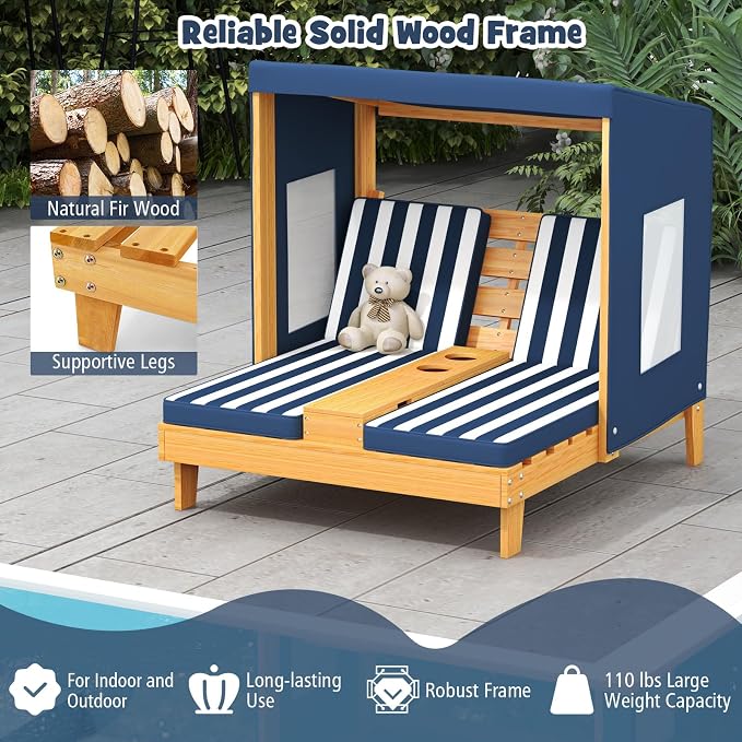 HONEY JOY Kids Chaise Lounge Chair Outdoor, Toddler Wood Double Pool Lounger - Image 7