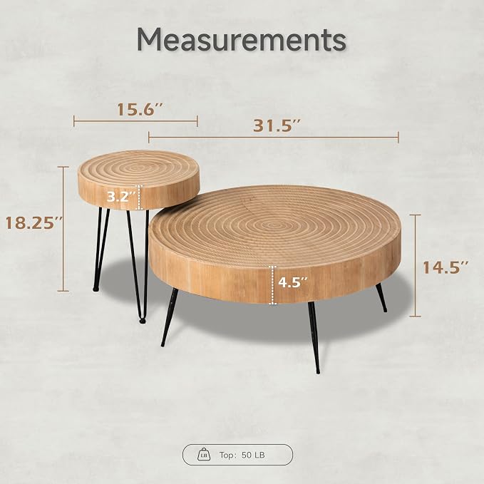 COZAYH 2-Piece Round Nesting Coffee Table Set, Natural Wood Top - Image 3