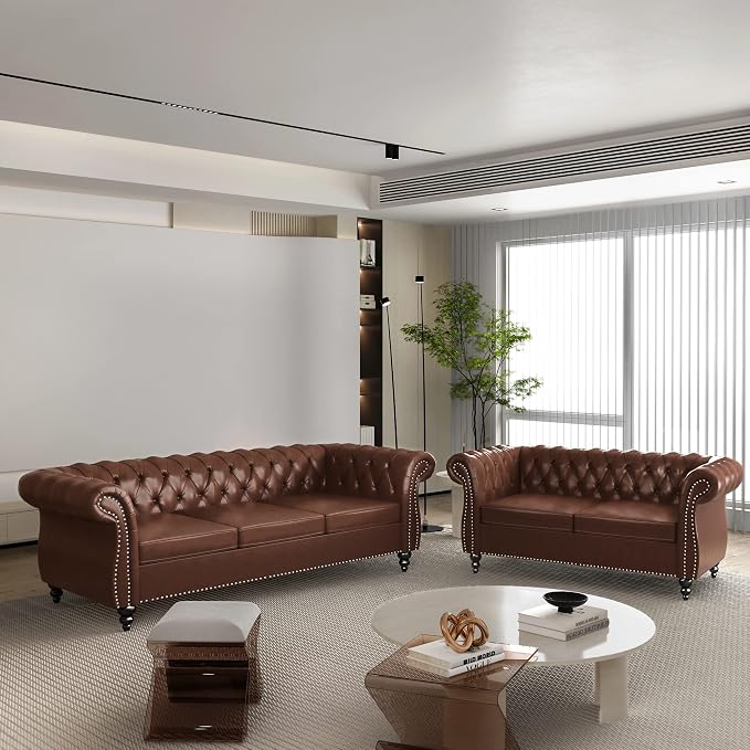 ORRD 2 Piece Living Room Set, Chesterfield Leather Sofa Loveseat Couch - Image 2