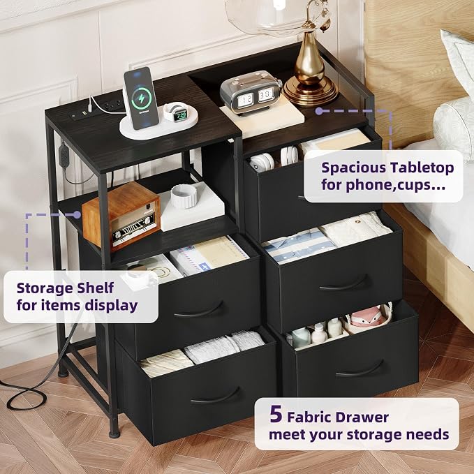 Somdot Black Nightstand with Charging Station and LED Light, Wide 5 Drawers - Image 6