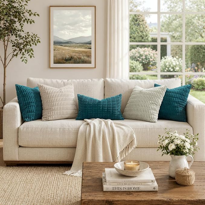MIULEE Corduroy Decorative Throw Pillow Covers 18x18 Teal Pack of 2 | Soft Boho - Image 5