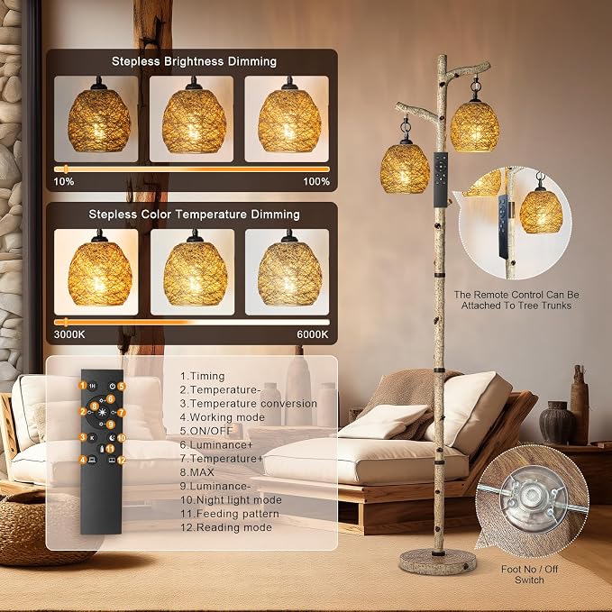 Scenekoy 68.5" Rustic Farmhouse Remote Control Switch Birch Tree Floor lamp - Image 2