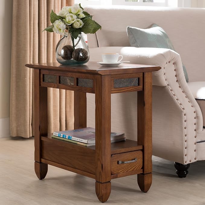 Leick Home Sibley End Table, Solid Wood, 1 Storage Drawer, Slate Tile Details - Image 2