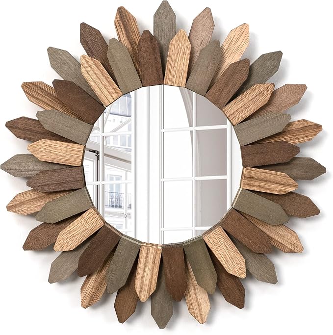 Emfogo Wall Mirror 12 inch Rustic Wood Sunburst Boho Mirror Farmhouse Wall by Emfogo