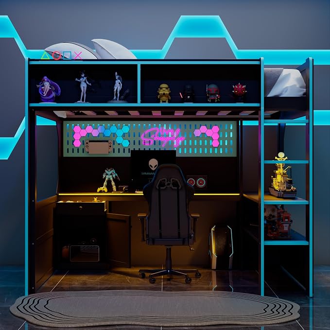Modern Gaming Loft Bed with Built-in Desk, LED Lighting & Charging Hub – Full - Image 2