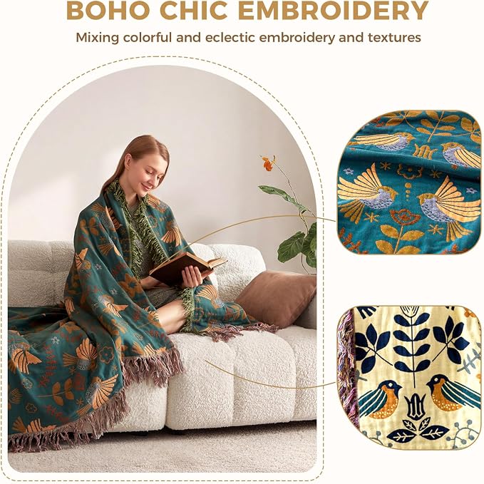 LUTBM Boho Throw Blanket for Couch 100% Cotton Soft Birds and Floral Double - Image 5