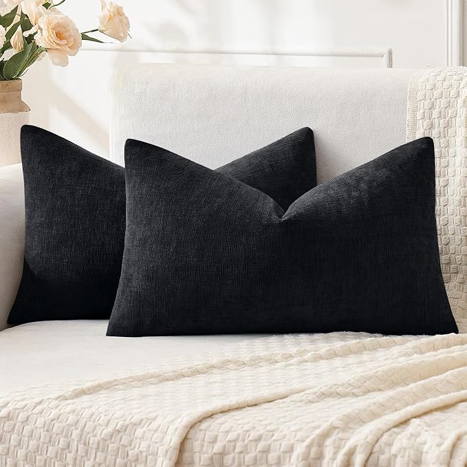 MIULEE Black Chenille Couch Lumbar Throw Pillow Covers, 12x20 | Set of 2 by MIULEE