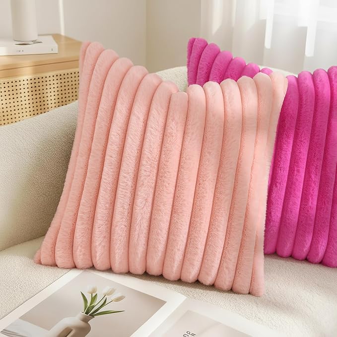 decorUhome Fall Faux Fur Throw Pillow Covers 24x24 Set of 2 Hot Pink | - Image 4