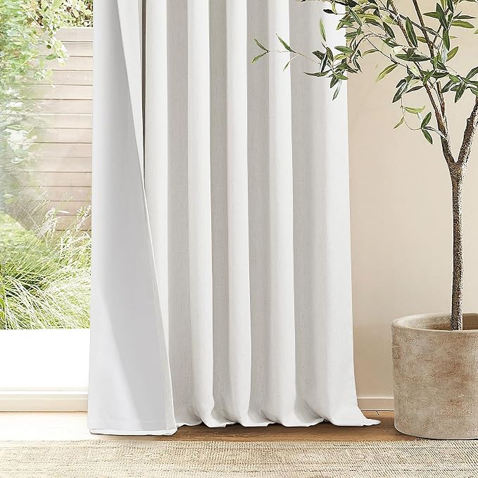 Beige White 63 Inch Length Blackout Pinch Pleated Linen Curtains - Image 9