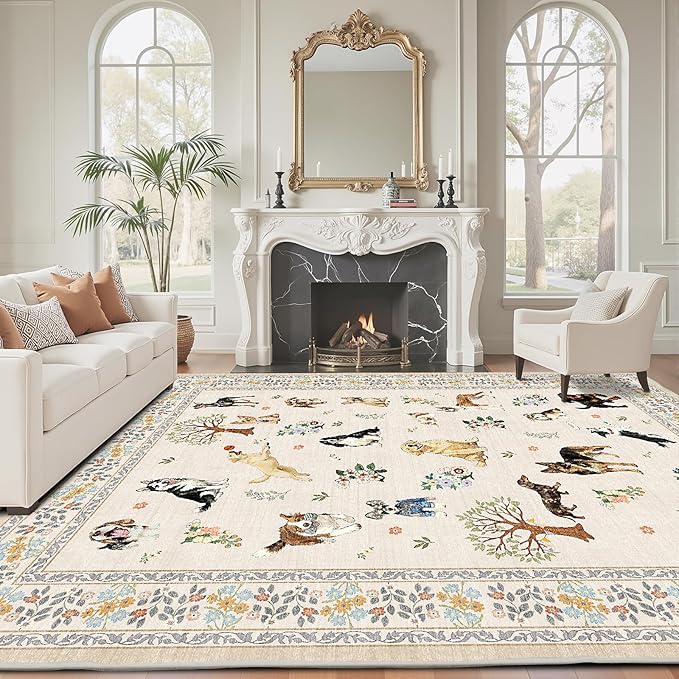Beige Floral Area Rug 9x12 for Living Room Bedroom | Low Pile; Non Slip;Machine - Image 5