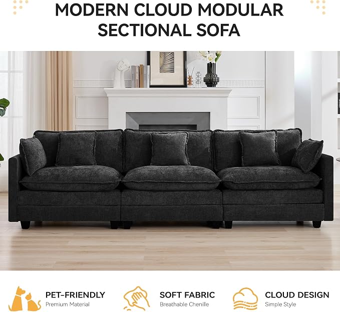 111'' Sectional Cloud Deep Seat Couch, Modern Comfy Chenille Modular Sectional - Image 6