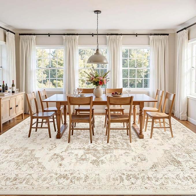 8x10 Area Rugs Living Room: Bedroom Washable Carpet Beige/Ivory | Vintage Boho - Image 3
