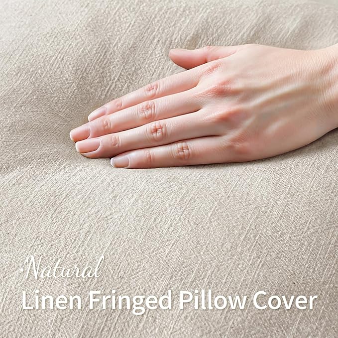 MIULEE Linen Fringe Decorative Throw Pillow Covers Natural Beige 16x16 | Set of - Image 2