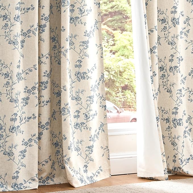 Blackout Vintage Floral Linen Curtains Blue on Beige 50×63 2 Panels | Elisa - Image 8