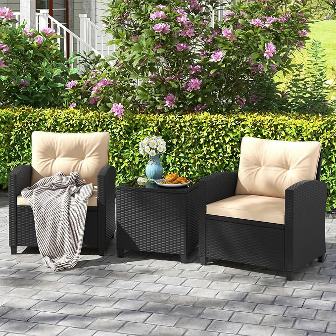 HAPPYGRILL 3 Pieces Wicker Patio Conversation Set, PE Rattan Bistro Sofa Set - Image 2
