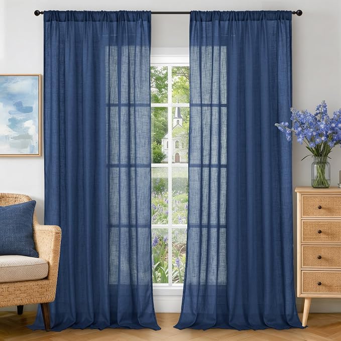 BGment 102 Inch Length Navy Blue Linen Curtains by BGment