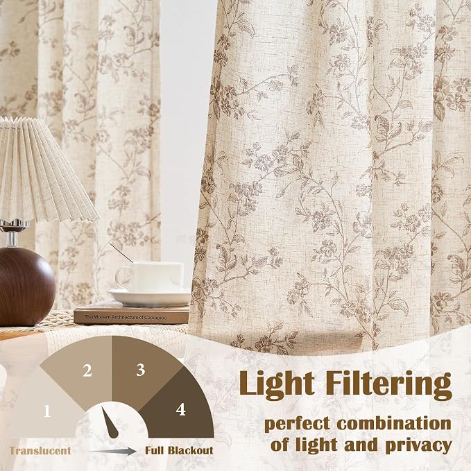 Extra Long Taupe Vintage Floral Linen Curtains Farmhouse 2 Panels | Elisa Series - Image 3