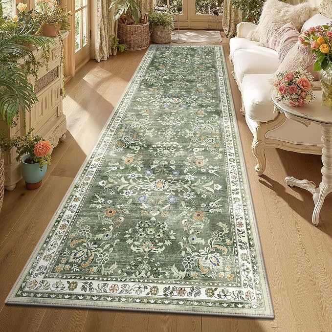 Yamaziot 3x10 Washable Hallway Runner Rug Non Slip Floral Carpet, Sage Green | by Yamaziot