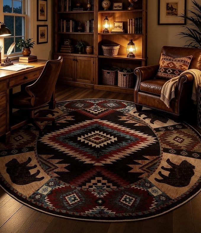 Southwestern Round Rug 4ft, Low Pile Soft Circle Rug - Image 3