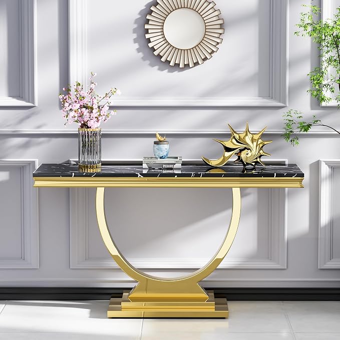 Henf 47" Marble Console Table Modern Black Faux Marble Entryway Table - Image 3