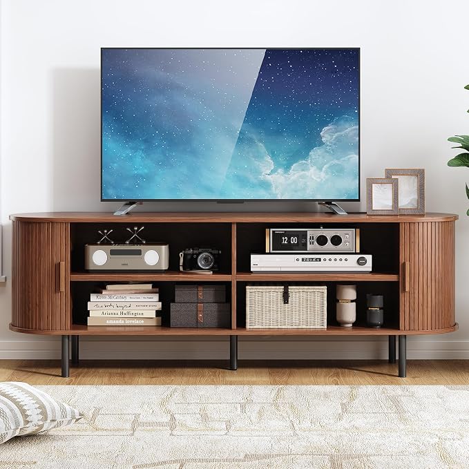 63" Fluted TV Stand with Power Outlet, Modern Media Console with Sliding Doors - Image 5