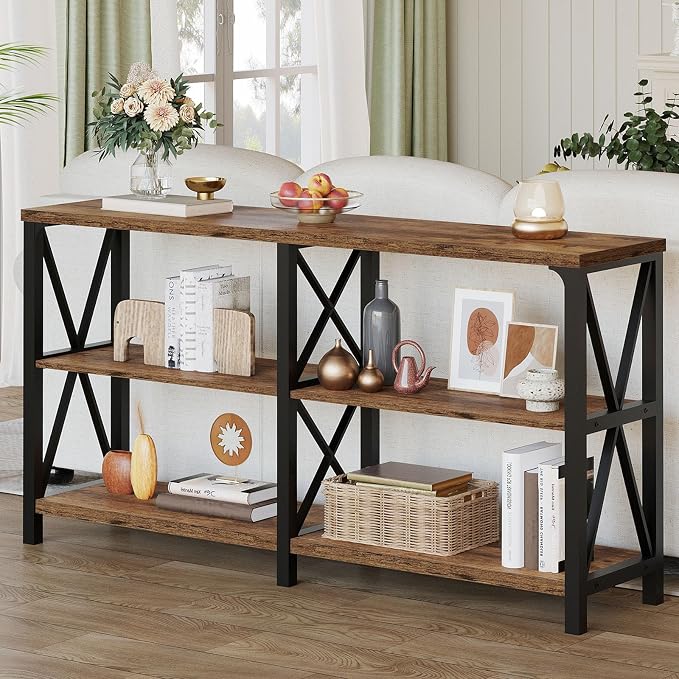 LVB Wood Console Table, Rustic 3 Tier Sofa Table Behind Couch, Industrial Metal - Image 3