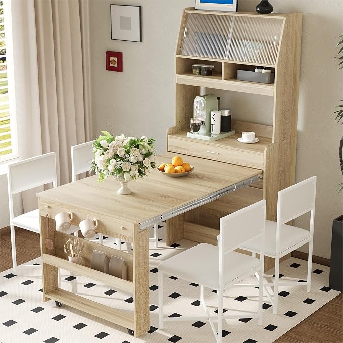Spaco 2-in-1 Folding Dining Table and Buffet Cabinet Set, Compact Pull-Out - Image 4