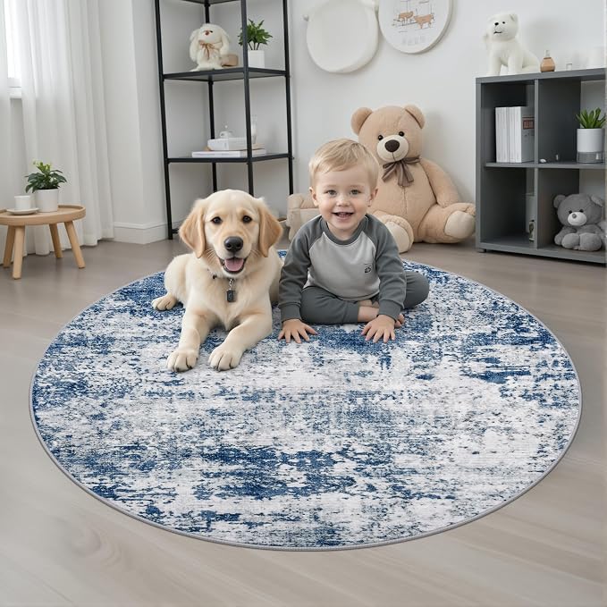 Round Area Rug Living Room: 4 ft Modern Washable Carpet Blue | - Image 2