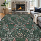Vintage Green Living Room Rug, 9x12 Washable Area Rugs - Image 3