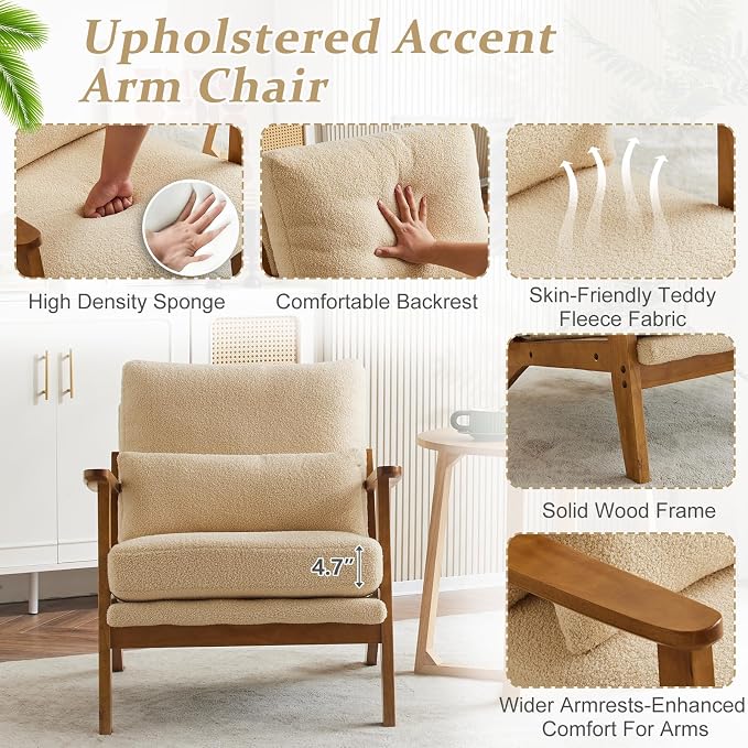 VINGLI Solid Wood Wide Armrests Accent Chair, Upholstered Mid Century Modern - Image 5