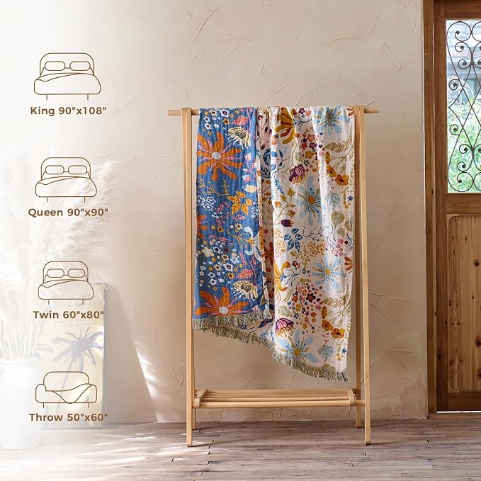 LUTBM Boho Throw Blanket with Florals & Leaves Embroidery Reversible - Image 6